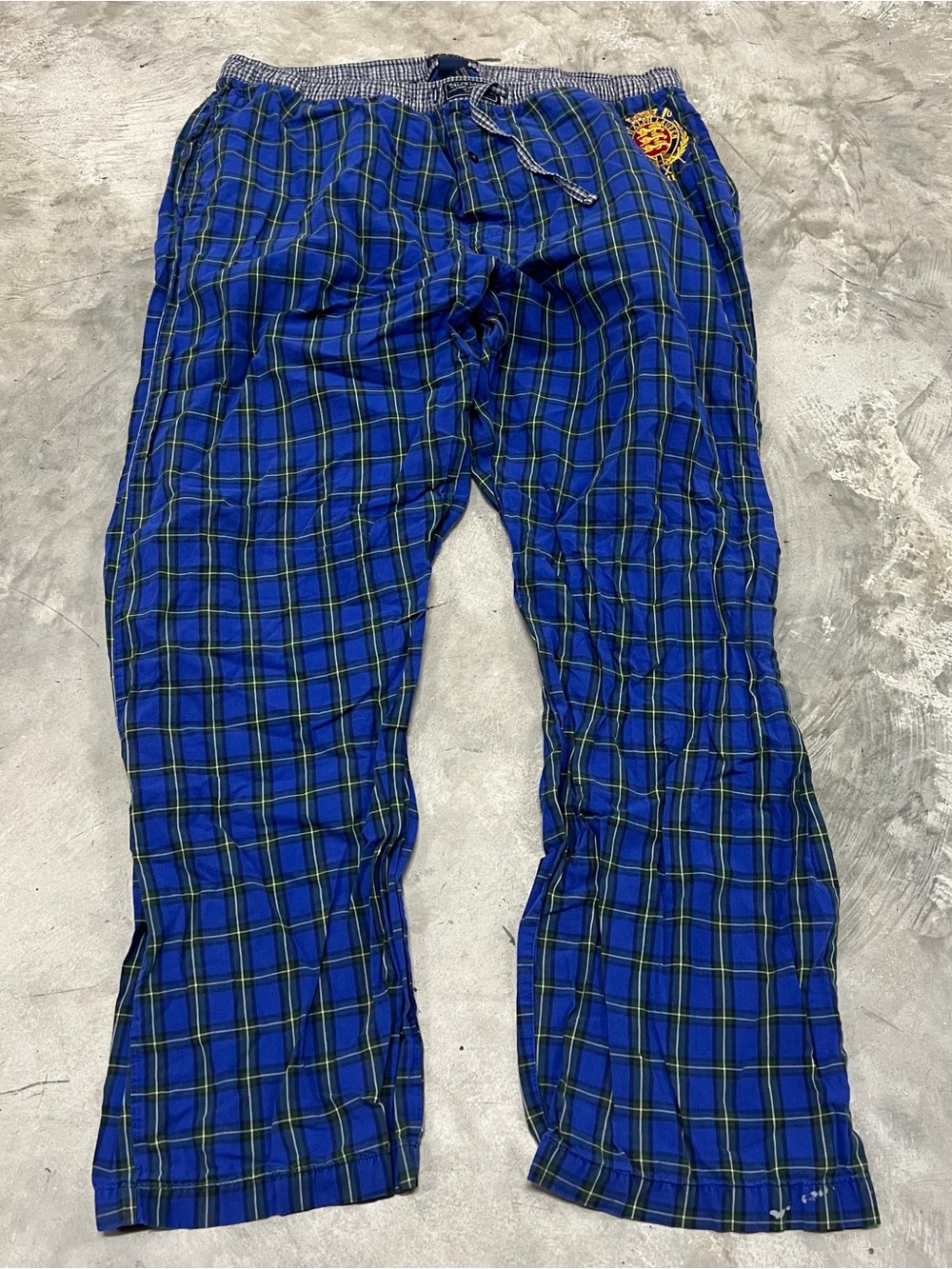 Polo Ralph Lauren Embroidered Pant Men Blue Large Plaid Drawstring Cotton Pajama